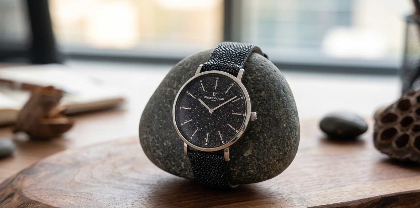 Esprit gold mesh women's watch on a wooden table