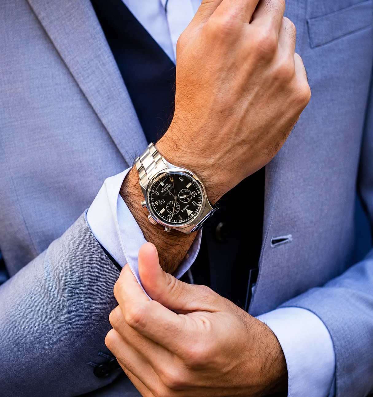 Timex chronograph watch on wrist with blue suit